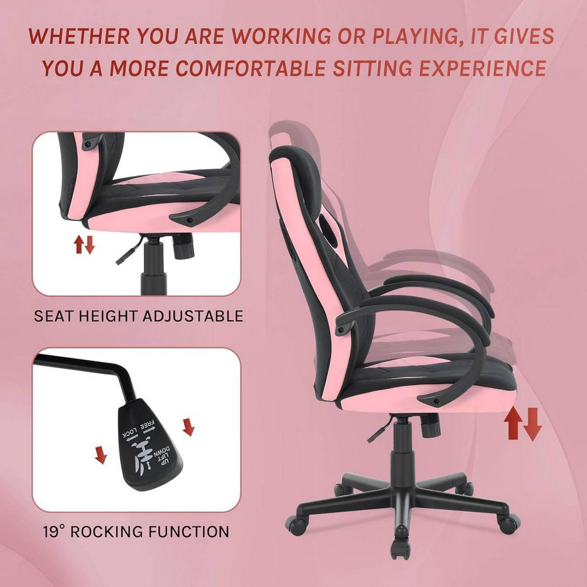 GAMINGSTUHL mit Kopfkissen, Mesh-Gewebe, Rosa+Schwarz - Schwarz/Rosa, Textil/Metall (62/104/72.5cm) - Woltu