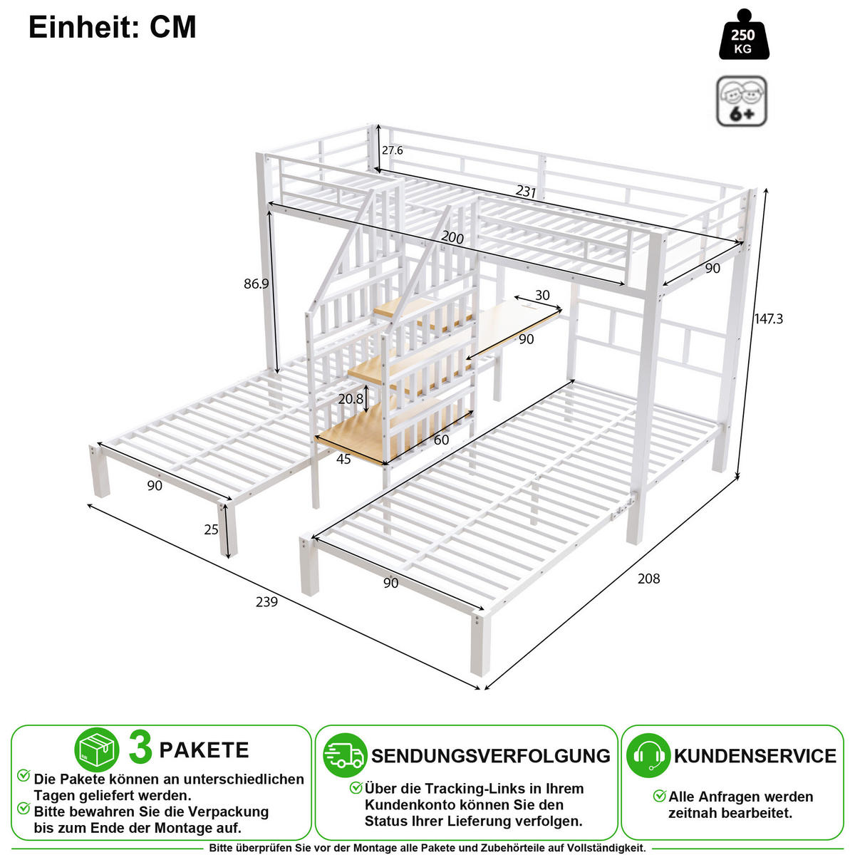 ETAGENBETT 90/200 cm in Weiß mit LED, USB, Steckdose, Schreibtisch und Regal - Weiß, Holzwerkstoff/Metall (90/200cm) - CHICFURN