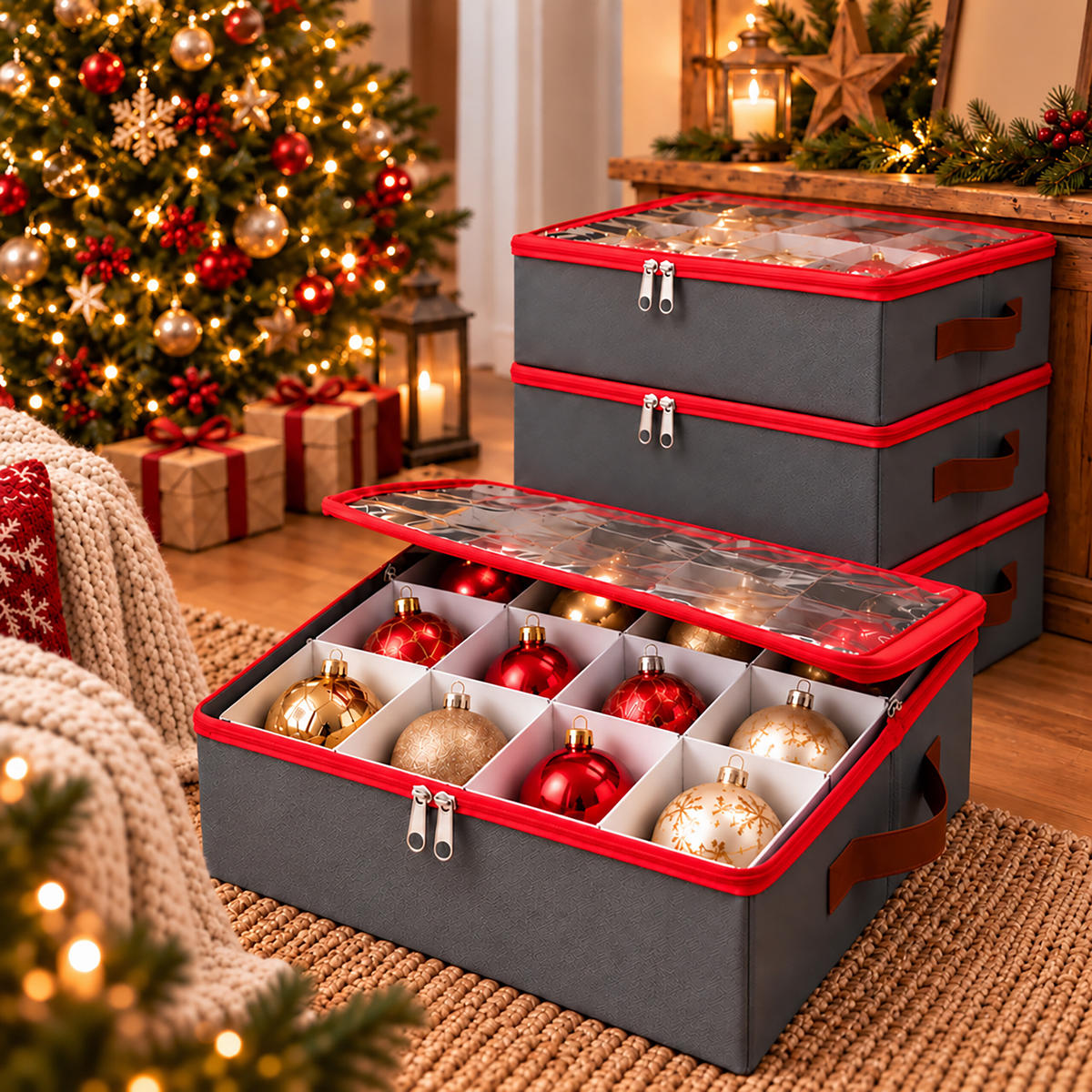AUFBEWAHRUNGSBOX Grau 4er-Set für Weihnachtskugeln - Grau, Wellpappe/Kunststoff (32.5/36/32.5cm) - Relaxdays