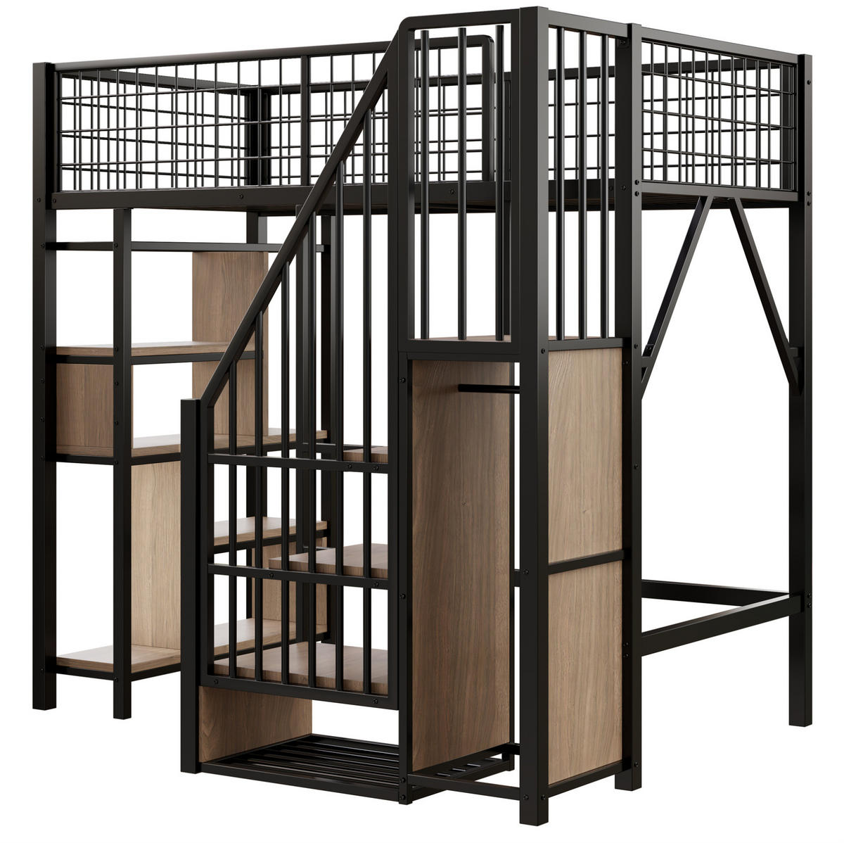 HOCHBETT 90/200 cm aus Metall und Holz mit Stauraumtreppe Schwarz - Schwarz, Metall (90/200cm) - Modenvie