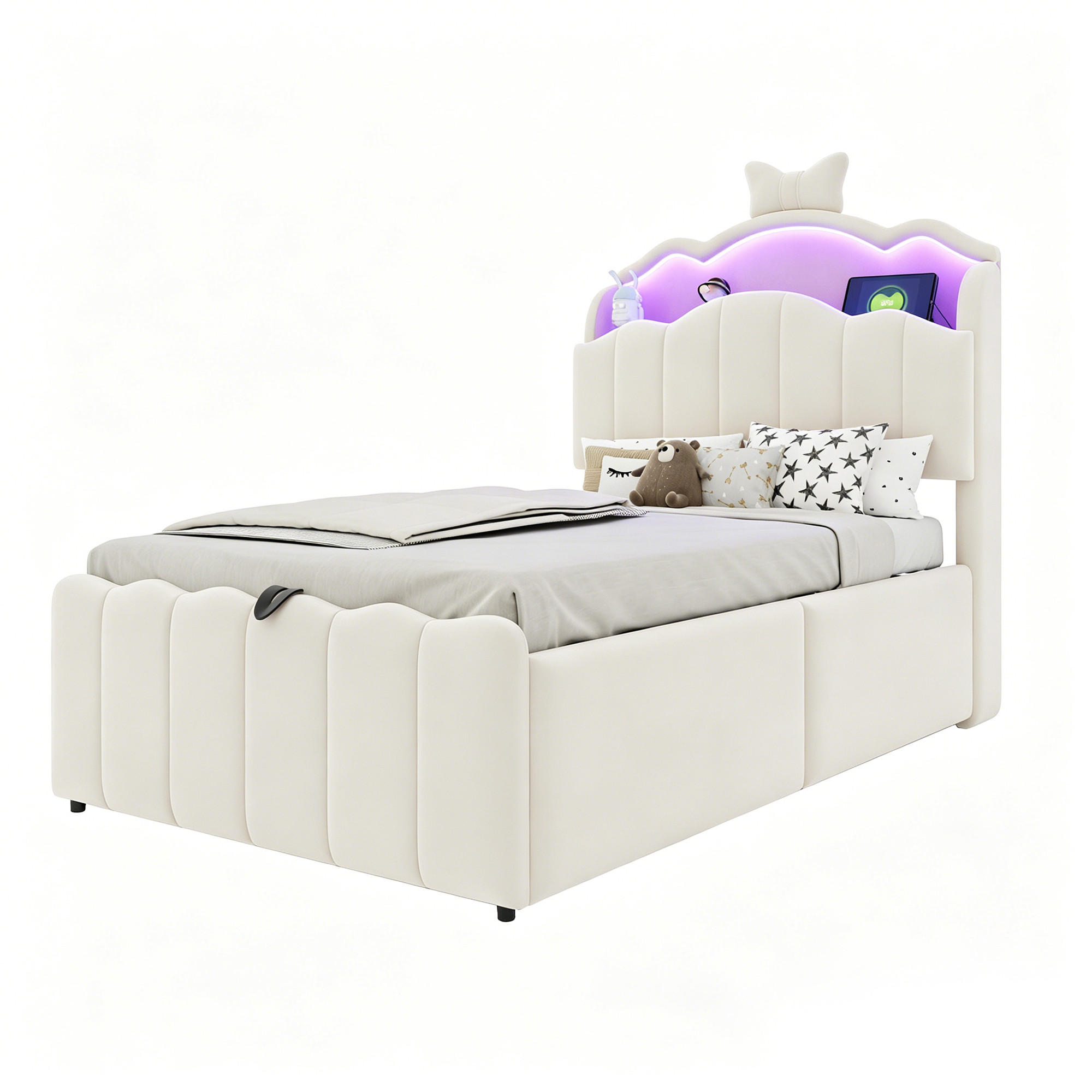 POLSTERBETT 90x200cm Samt LED USB Hydraulik Stauraum Beige - Beige, Metall (90/200cm) - FLIEKS