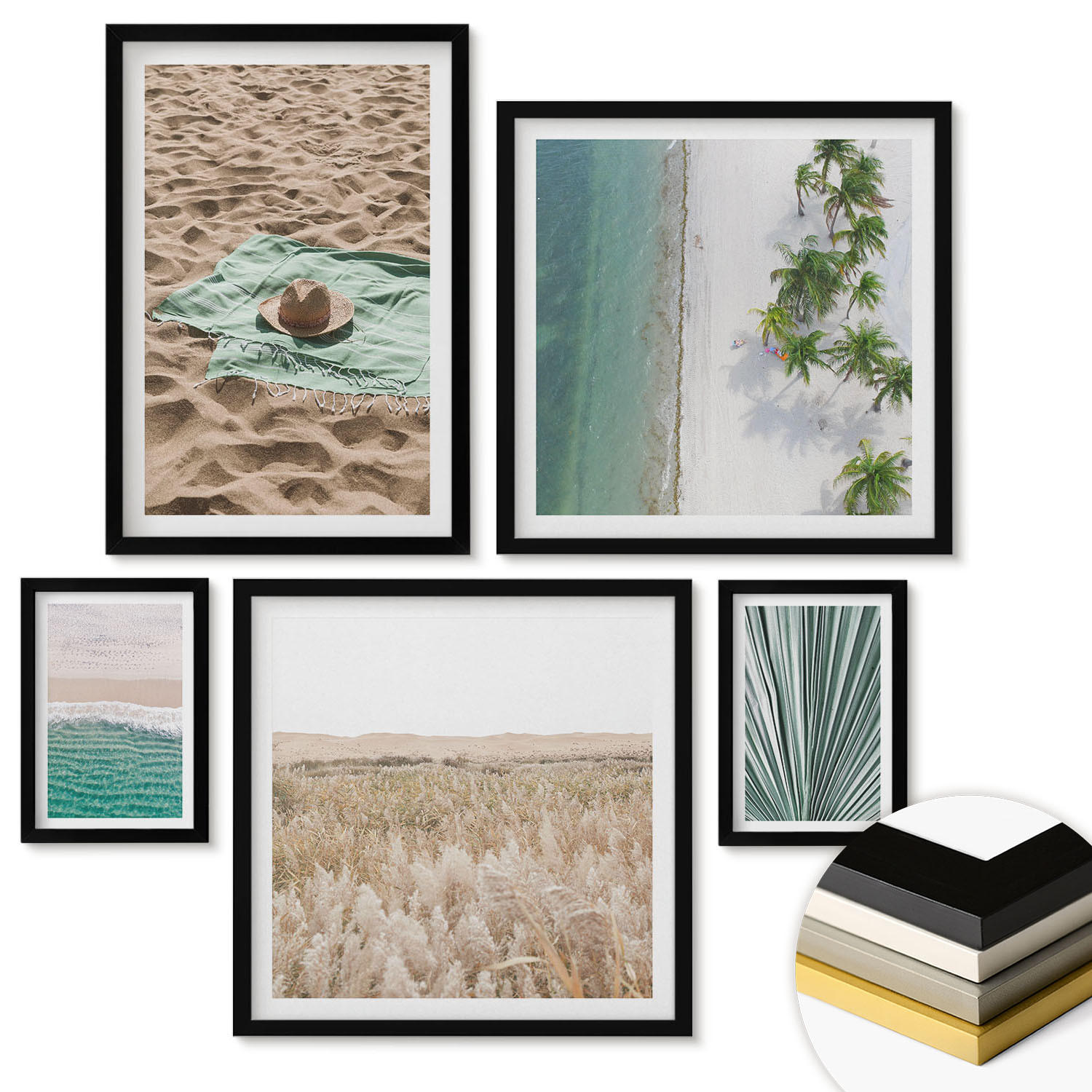 WANDBILDER 5er-Set - 50x50 cm & 20x30 cm & 40x60 cm Schwarzer Rahmen - Urlaubsblick Strand Meer - Schwarz, Kunststoff (40/60cm) - ArtPrintCave