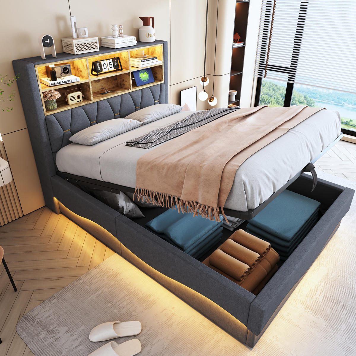 POLSTERBETT mit Bettkasten 140/200 cm mit LED-Beleuchtung und USB in Grau - Grau, Metall (140/200cm) - BEAOK