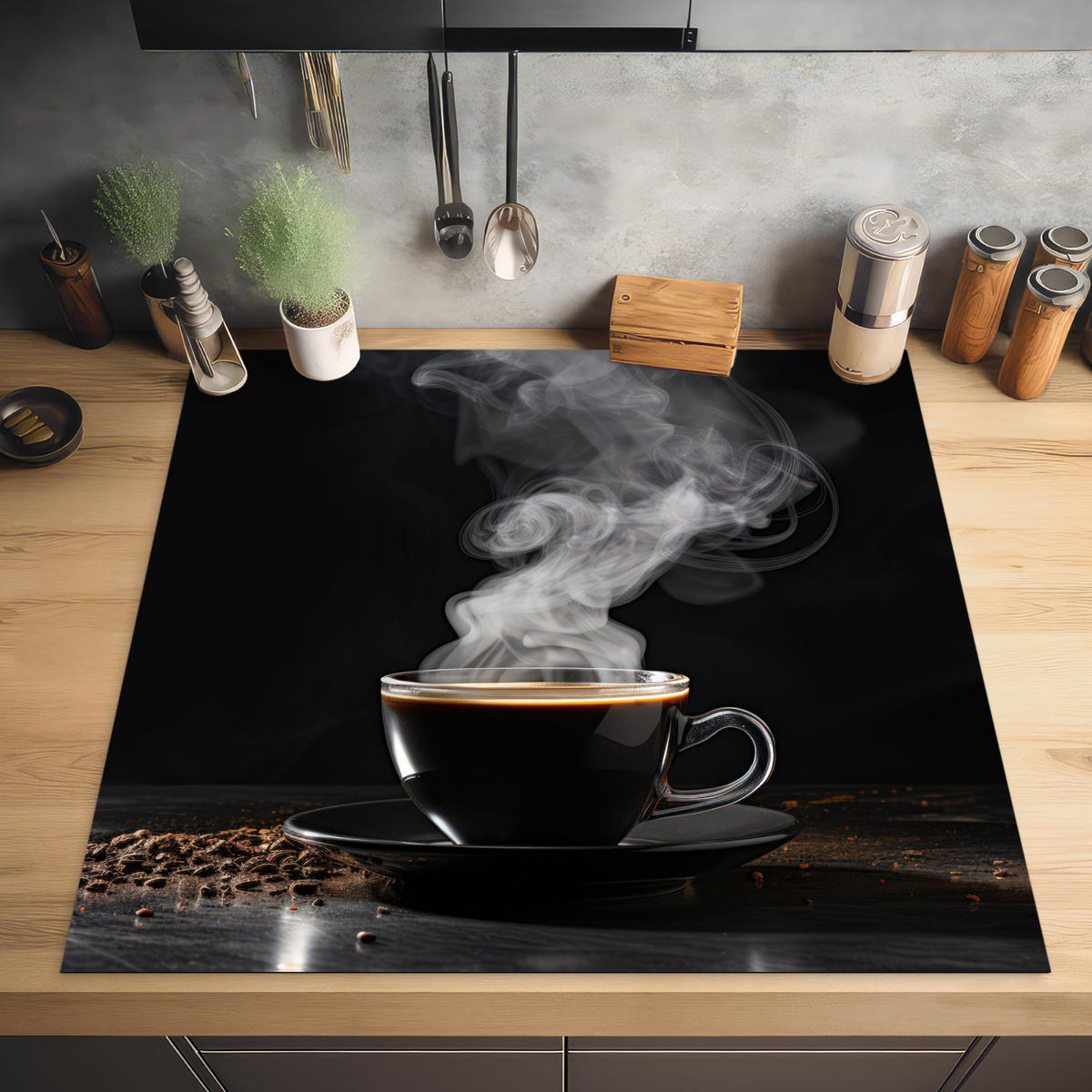 HERDABDECKPLATTE Kaffee - Schwarz - Bohnen - Heiß - Tasse Induktionsmatte 78x78 cm - Schwarz, Kunststoff (78/78/0.2cm) - MuchoWow
