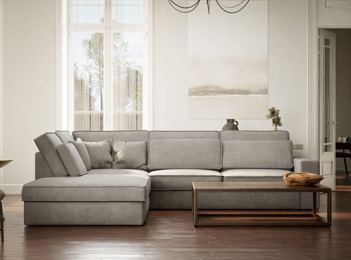 ECKSOFA Kirou Beige grau Chenille-Stoff - Links Seite - Greige/Schwarz, Holz/Holzwerkstoff (225/311cm) - Maison de Reve