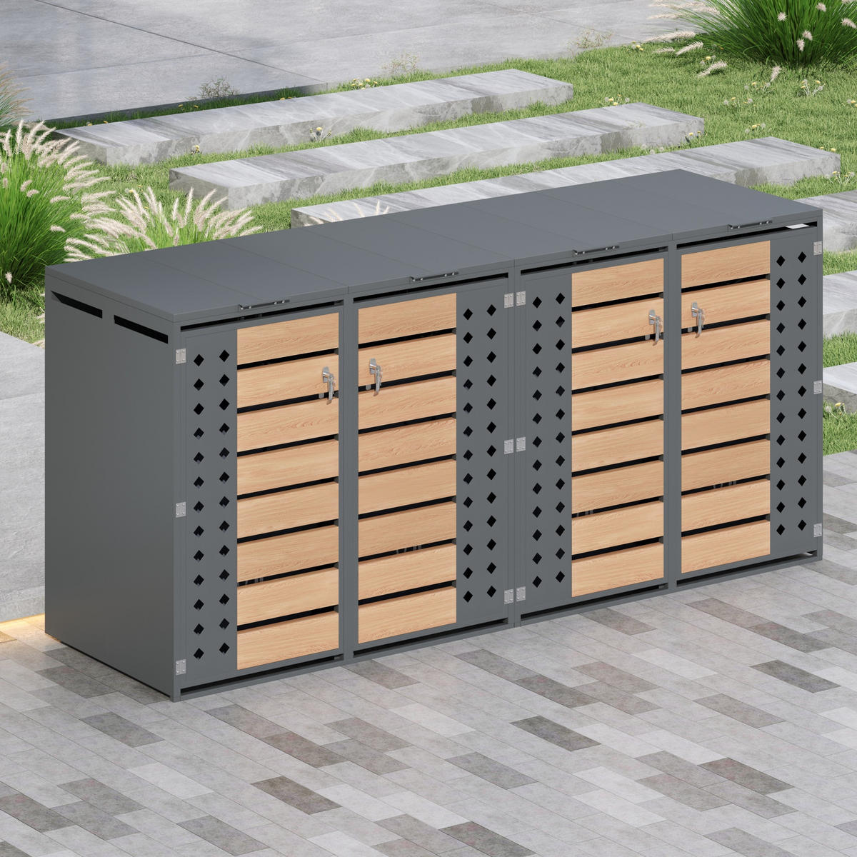 MÜLLTONNENBOX 4 Türen abschließbar Klappdeckel Stauraum - Multicolor, Metall (160/236/264cm) - FLIEKS