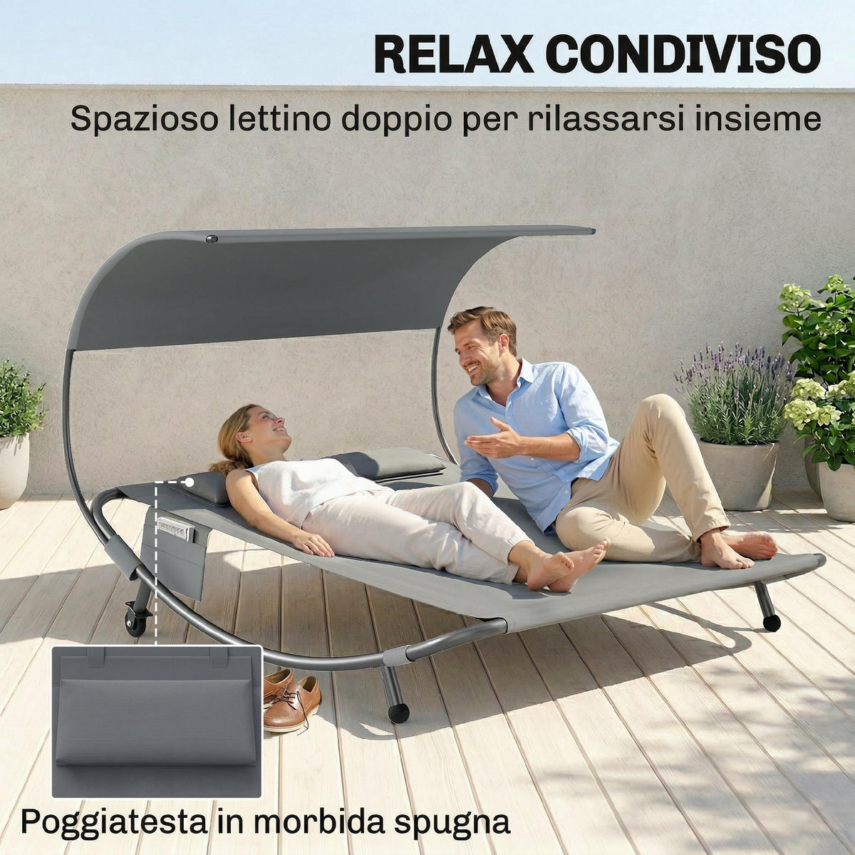 SONNENLIEGE Doppelbett mit abnehmbarem Verdeck Rollen Kissen und Aufbewahrungstaschen,200*180*170cm,Grau - Grau, Metall (180/170/200cm) - Vallsero