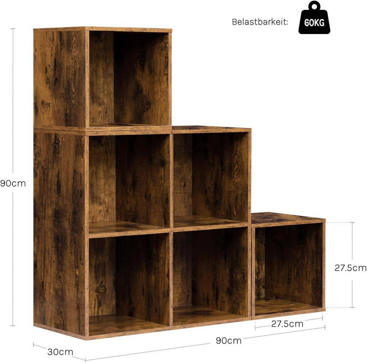 REGAL Bücherregal mit 6 Fächern, Stufenregal, 90x90x30 cm, Vintagebraun - Dunkelbraun, Holzwerkstoff (90/90/30cm) - Woltu