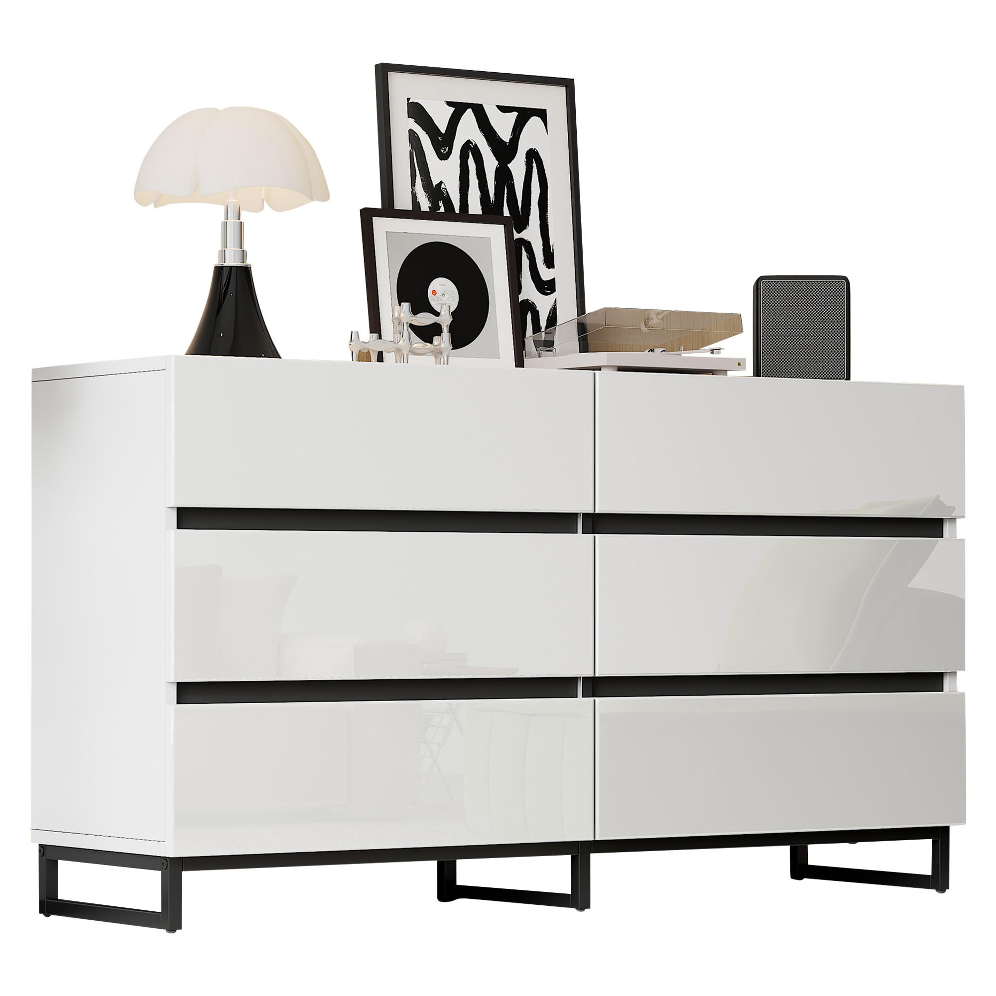 SIDEBOARD Weiß, 140/39,5/78,5 cm, aus Spanplatte und Metall, mit 6 Schubladen und Hochglanzfront - Schwarz/Weiß, Holzwerkstoff/Metall (140/78.5/39.5cm) - CHICFURN