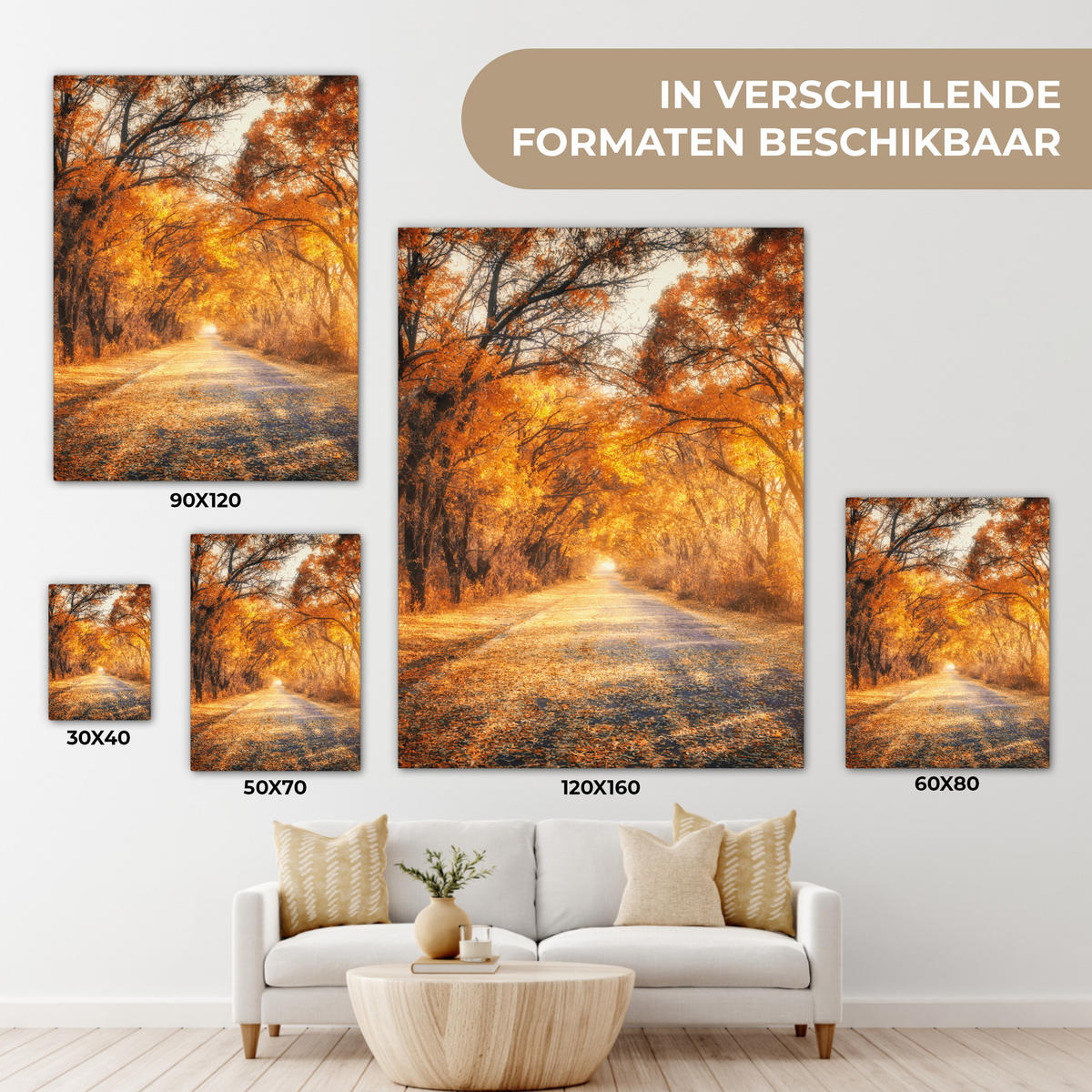 LEINWANDBILD Wald - Herbst - Bäume - Waldweg - Natur Room Decor 30x40 cm - Bernsteinfarben, Textil (30/40cm) - MuchoWow