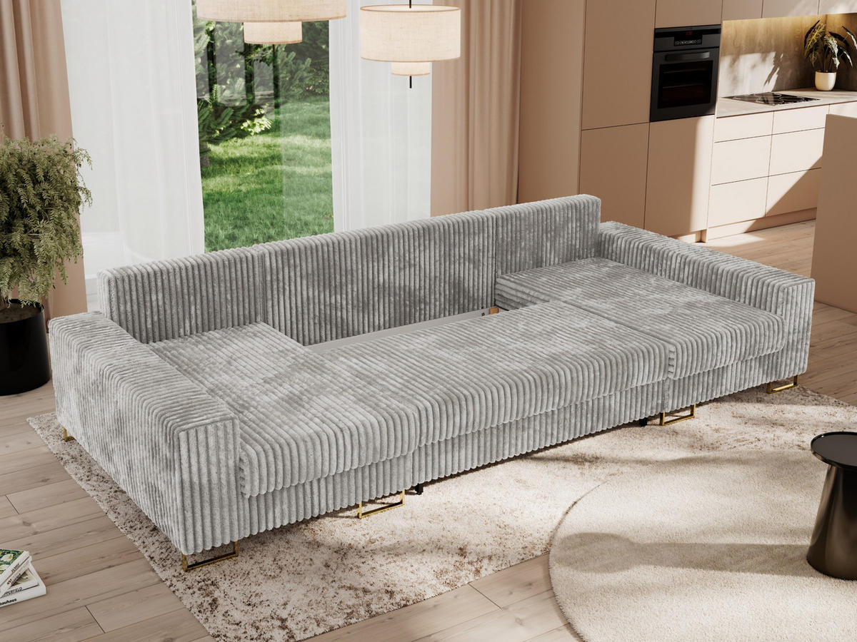 WOHNLANDSCHAFT DORIAN U Cord Hellgrau - Goldfarben/Hellgrau, Textil/Metall (312/95/138cm) - MKS
