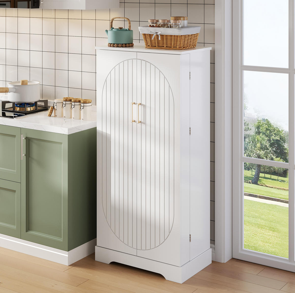 BUFFET aus MDF 60x35x128 cm Weiß mit LED-Sensorleuchte, verstellbaren Ablagen und platzsparendem Stauraum - Weiß, Holzwerkstoff (60/128/35cm) - Modfu