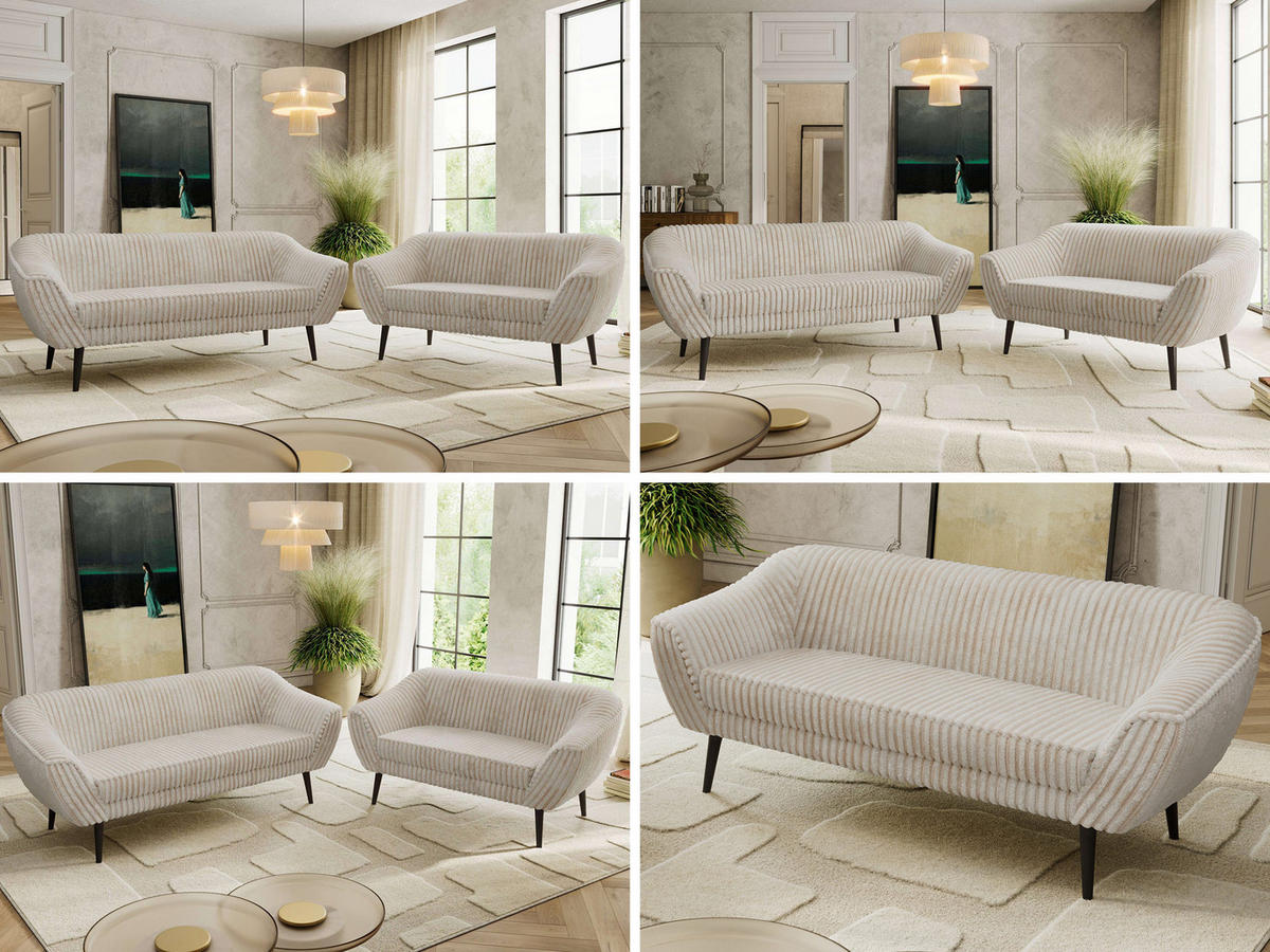 SITZGARNITUR PIRS 3+2 - Beige Cord - Schwarze Beine - Beige/Creme, Holzwerkstoff/Textil (180/75/74cm) - MKS