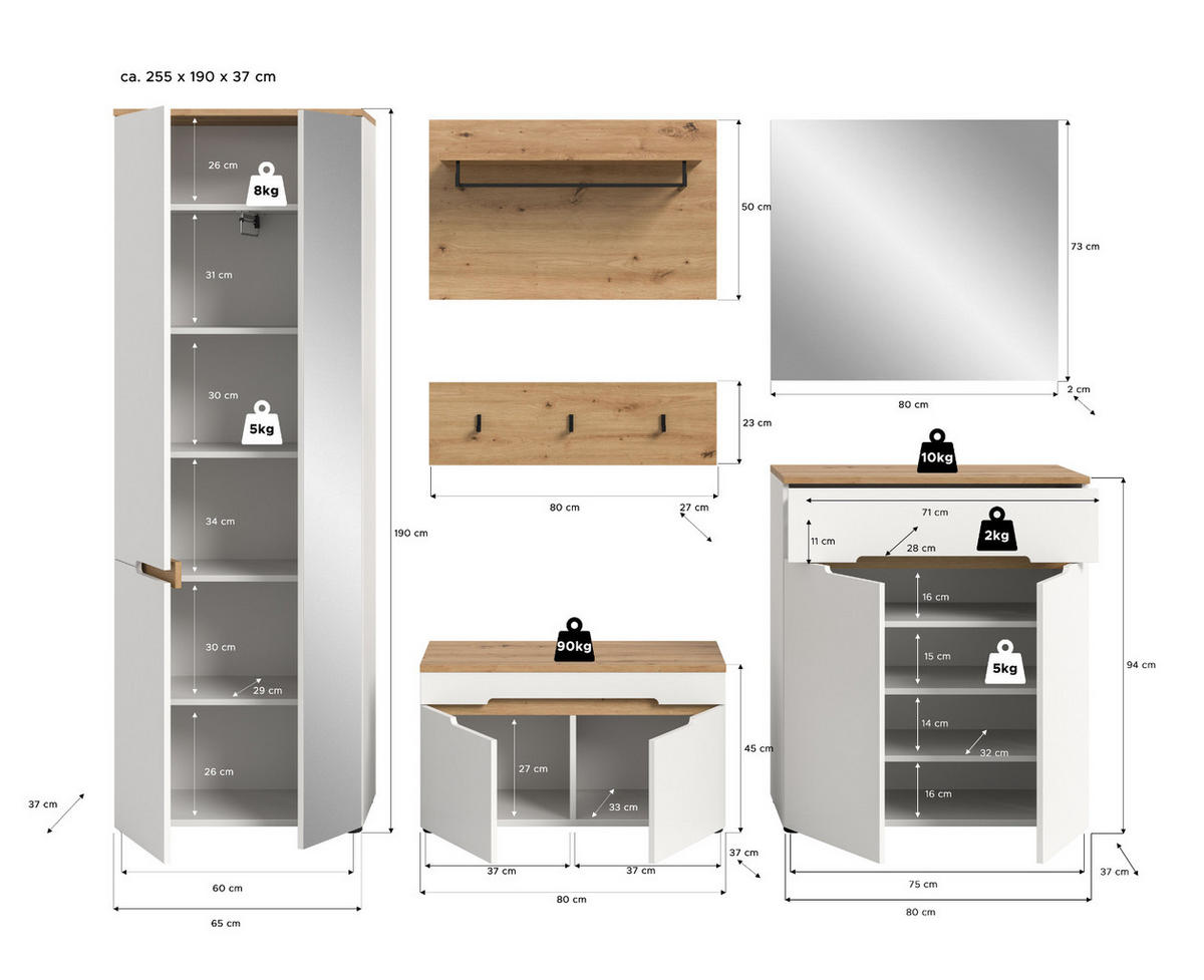 GARDEROBEN-SET weiß, Eiche Artisan 6-teilig, Komplett-Set mit Soft-Close - Weiß, Glas/Holzwerkstoff (255/190/37cm) - Inn.Furn