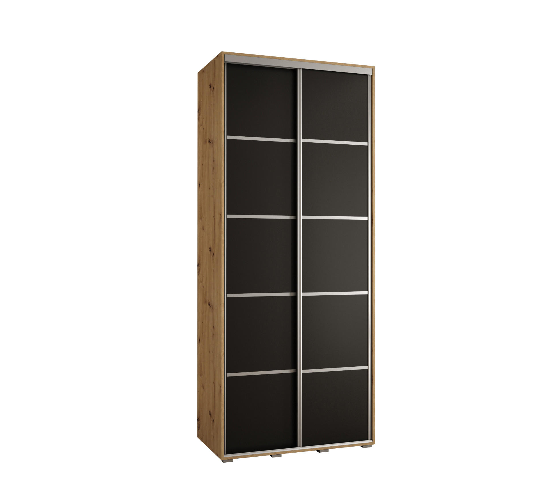 Abiks Möbel Schwebetürenschrank Eiche Artisan, Schwarz, Silber 100x235x45 cm