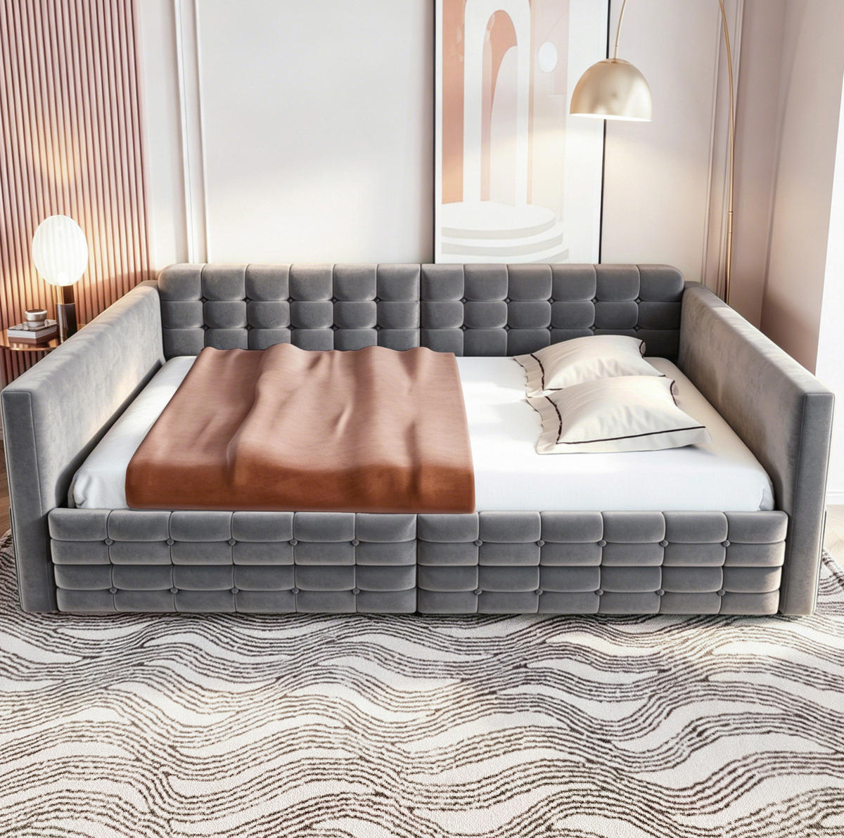 POLSTERBETT 140/190 cm aus Samt mit Stauraum, Grau - Grau, Textil (140/190cm) - OKMYHOME