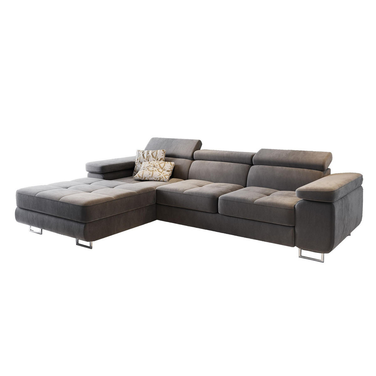 ECKSOFA ELMA L-S Grau Velours-Stoff mit Schlaffunktion - Grau, Holz (280/205cm) - MASSENO