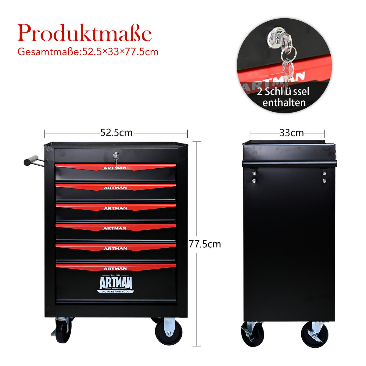 KOMBINATIONS-WERKZEUGSCHRANK – 6 Schubladen – 508 mm (20 Zoll) – Farbgebung: Schwarz und Rot - Multicolor, Metall (33/77.5/60cm) - DCA