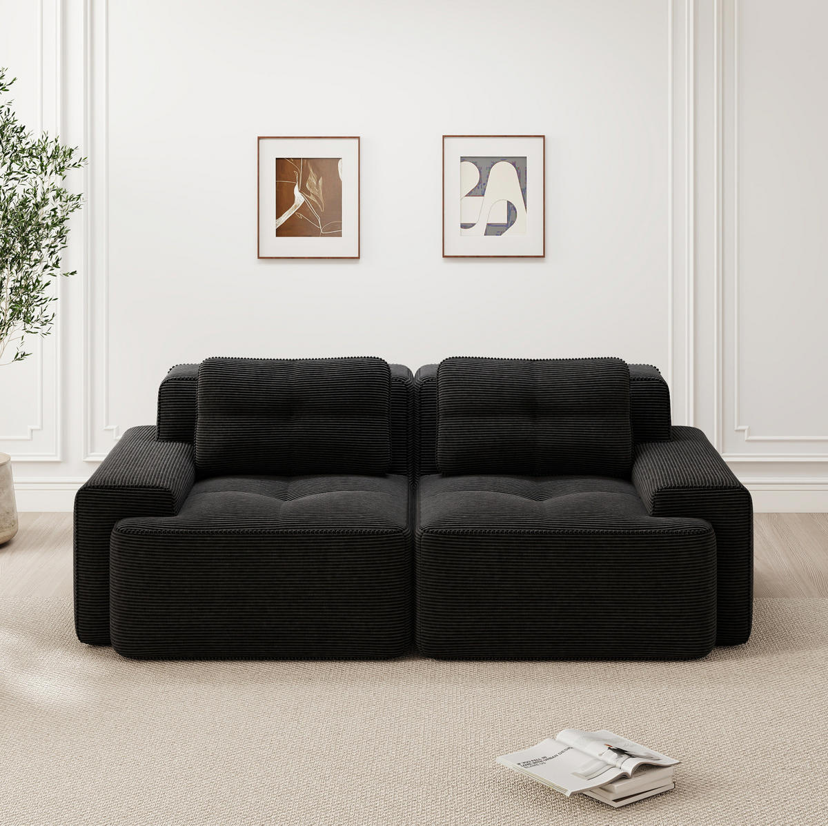 SOFA modular mit Tiefsitz 74 cm Cord Black - Schwarz, Kunststoff (104/69/204cm) - Meubliv