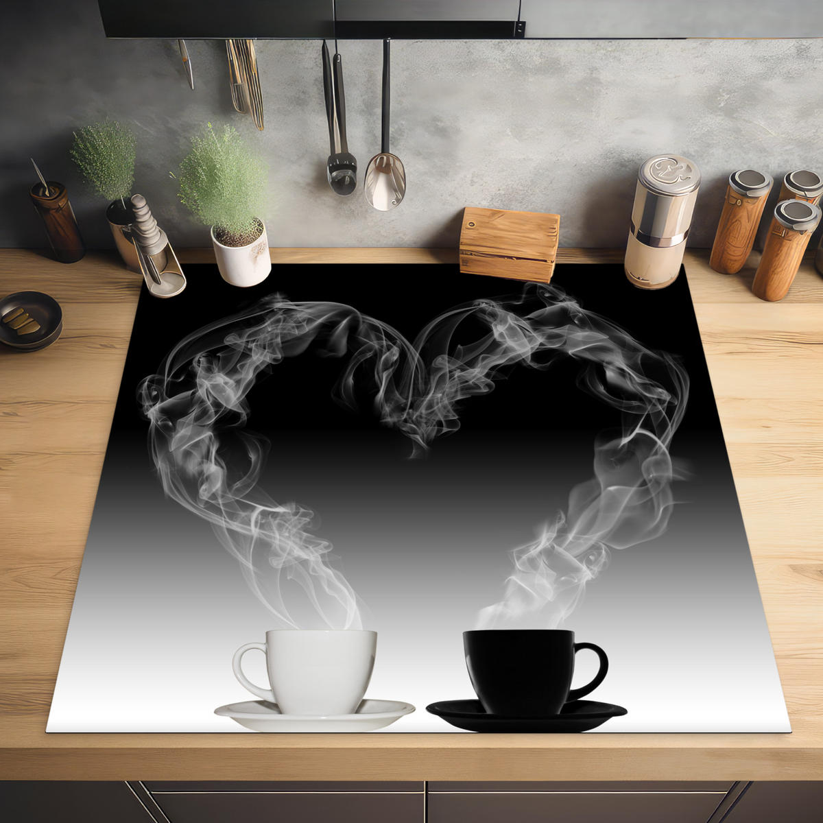 HERABDECKPLATTE - Kaffee - Herz - Schwarz und weiß - Tassen - 58x59 - Weiß, Kunststoff (58/59/0.2cm) - MuchoWow