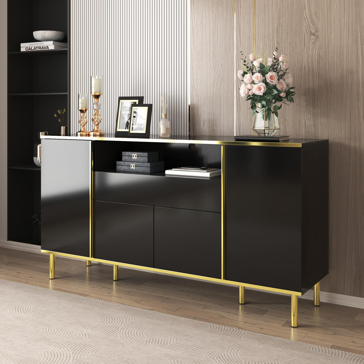 SIDEBOARD 150x40x80cm Schwarz Hochglanz Mit 1 Schublade - Schwarz, Holzwerkstoff (40/80/150cm) - FLIEKS