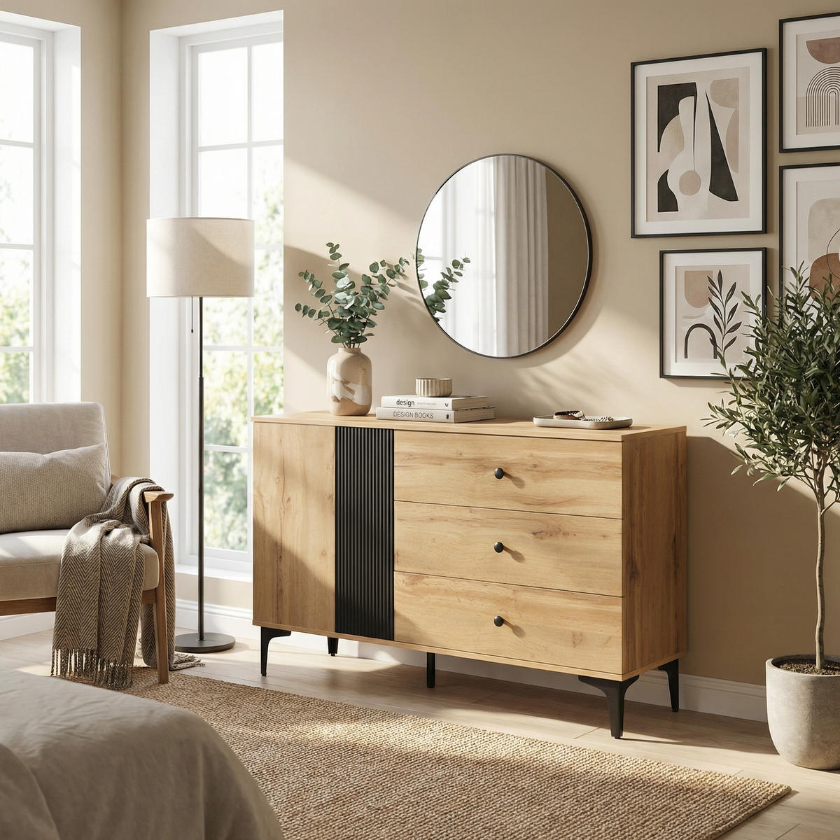 SIDEBOARD 120 cm Naturholz & Schwarz mit Tür, 3 Schubladen & Metallbeinen im skandinavischen Stil - Naturfarben, Holzwerkstoff (120/76/35cm) - Urban Meuble
