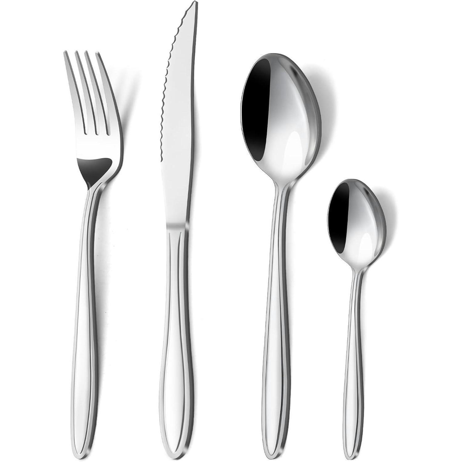 BESTECKSET 24-teilig Edelstahl 6 Personen Liniengriff Spülmaschinenfest - Silberfarben, Metall
