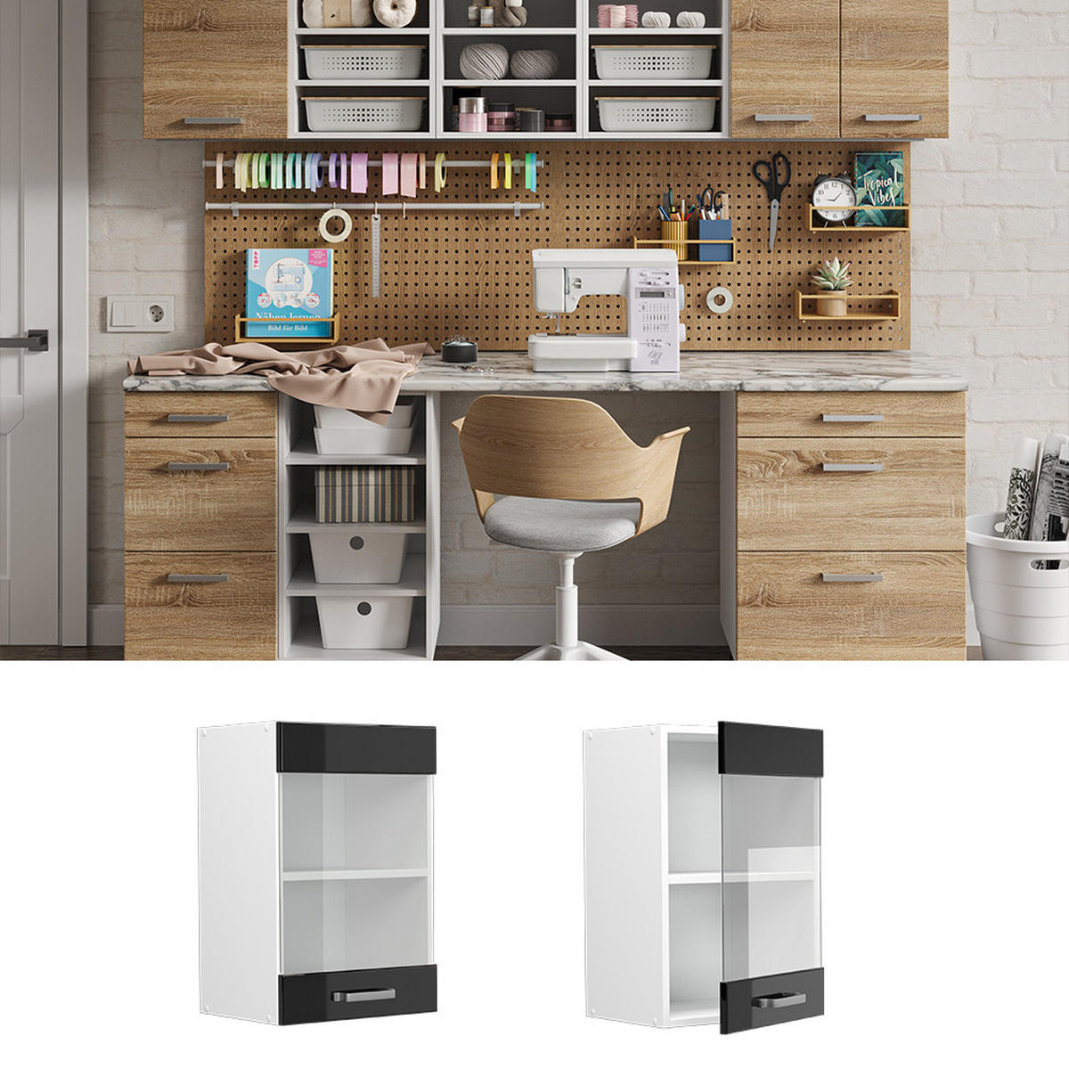 UNIVERZÁLNÍ NÁSTĚNNÁ SKŘÍŇKA R-Line Černý vysoký lesk - bílá/vysoce lesklá černá, kompozitní dřevo (40/60/31cm) - Vicco