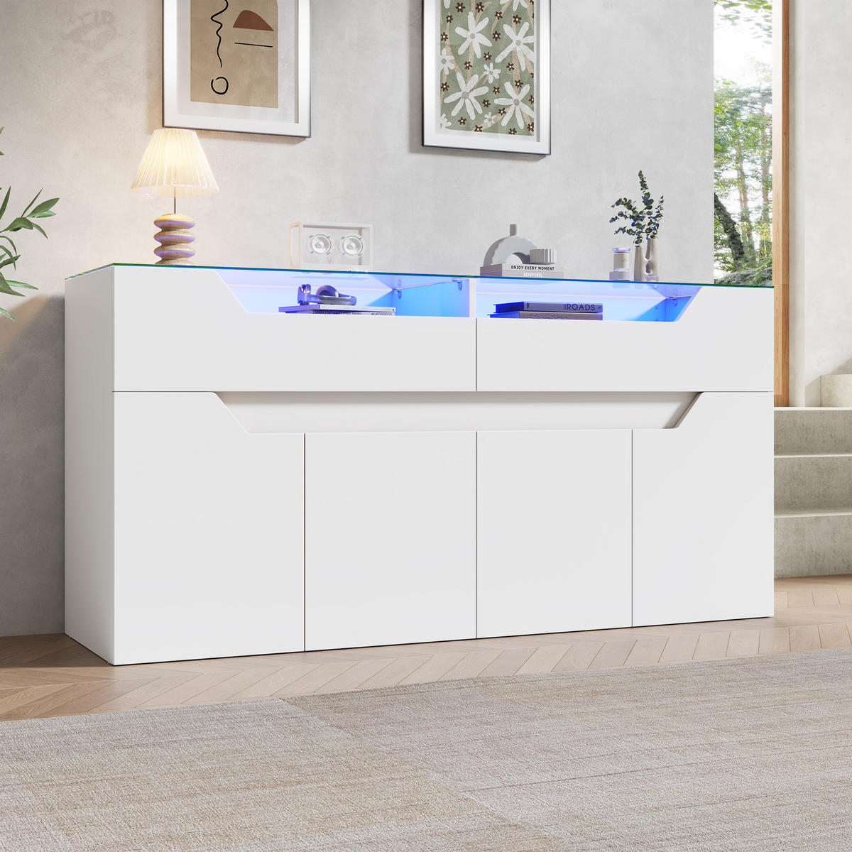 SIDEBOARD in Weiß Aufbewahrungsschrank mit 2 Schubladen und gehärteter Glasplatte, 140/40/70cm,für Esszimmer & Wohnzimmer - Weiß, Glas/Holzwerkstoff (140/70/40cm) - STILVORA