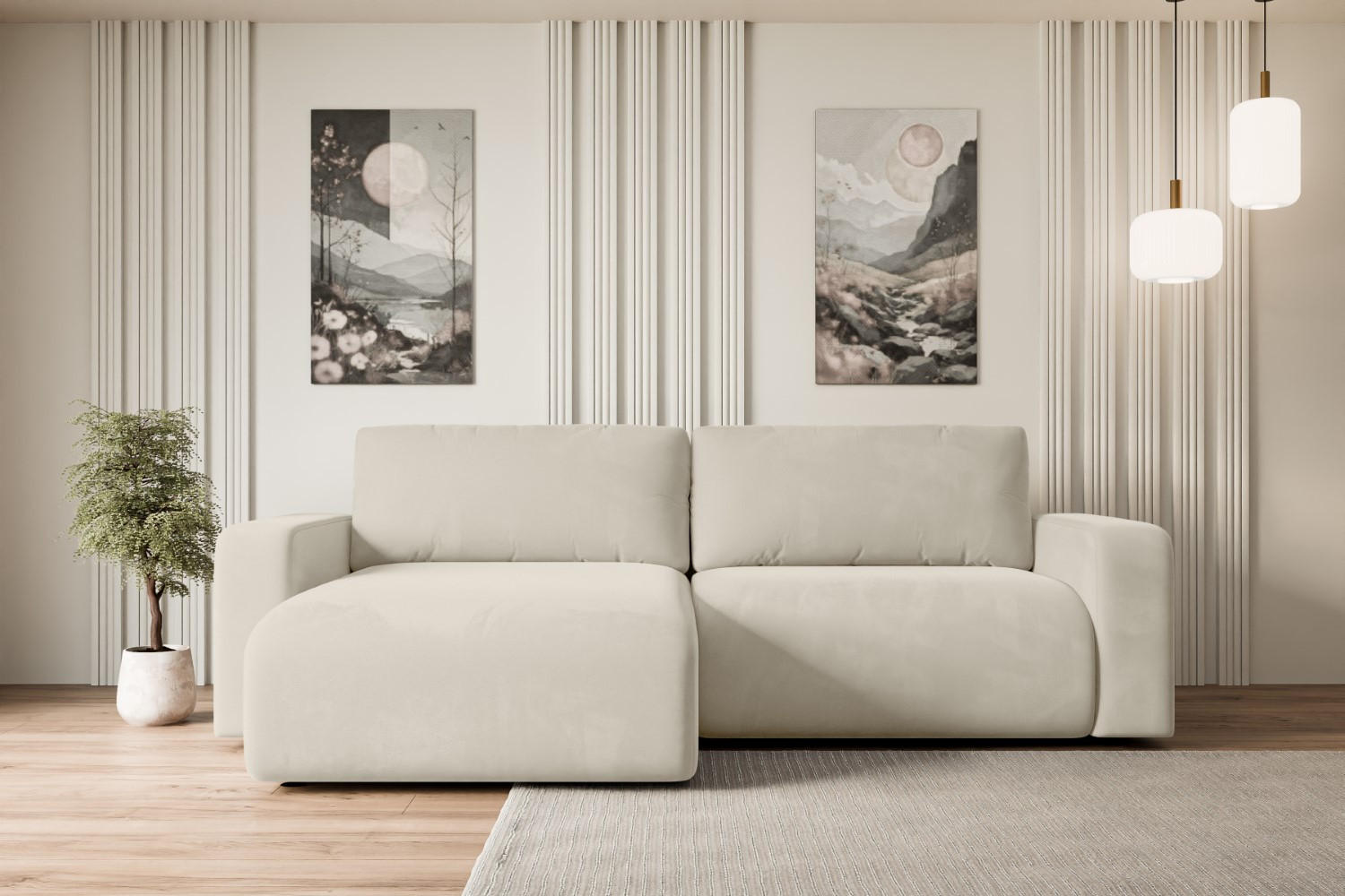 ECKSOFA mit Schlaffunktion und Bettkasten KLEEA-L - 247x143x83 cm Beige Velours - Beige/Schwarz, Holzwerkstoff/Kunststoff (247/143cm) - ALTDECOR
