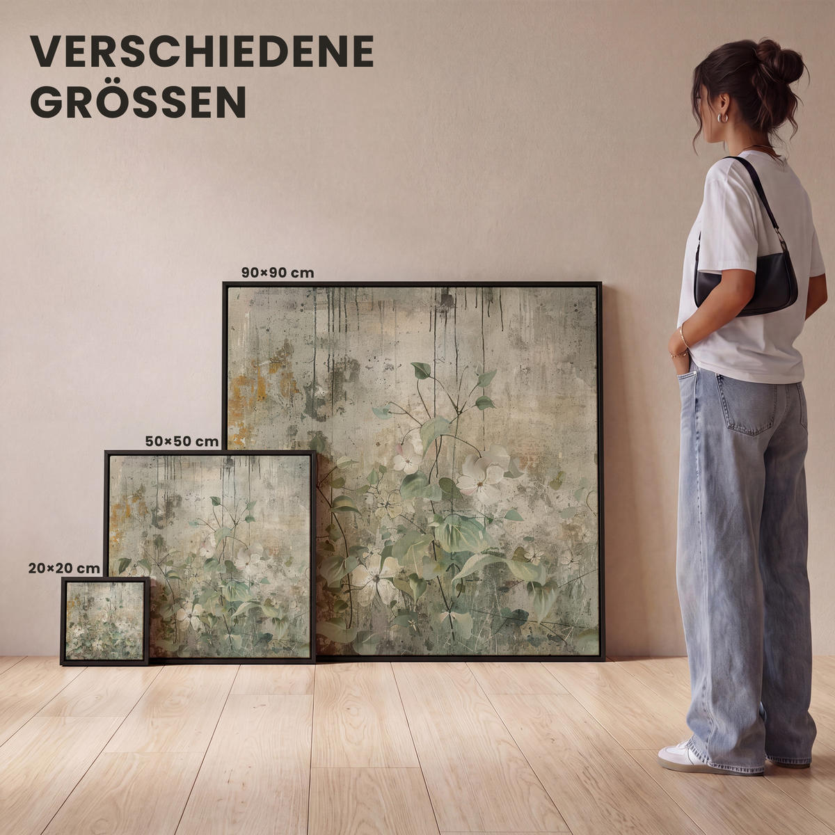 LEINWAND Bilder mit Rahmen - Blumen - Blätter - Abstrakt - Modern - 90x90 - Grau, Textil (90/90cm) - MuchoWow