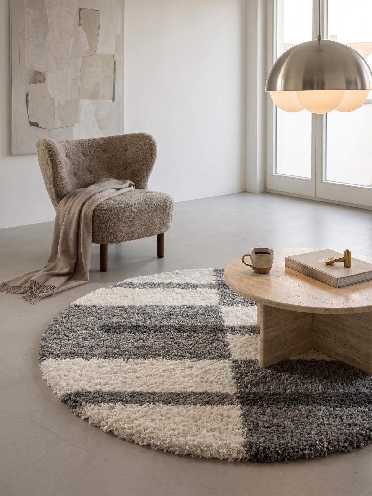 TEPPICH Hochflor Shaggy Karo Weich Flauschig Waschbar Schlafzimmer Rund Hellgrau 80x80 cm – WERFEN - Grau, Textil (80/80cm) - KADIMA DESIGN
