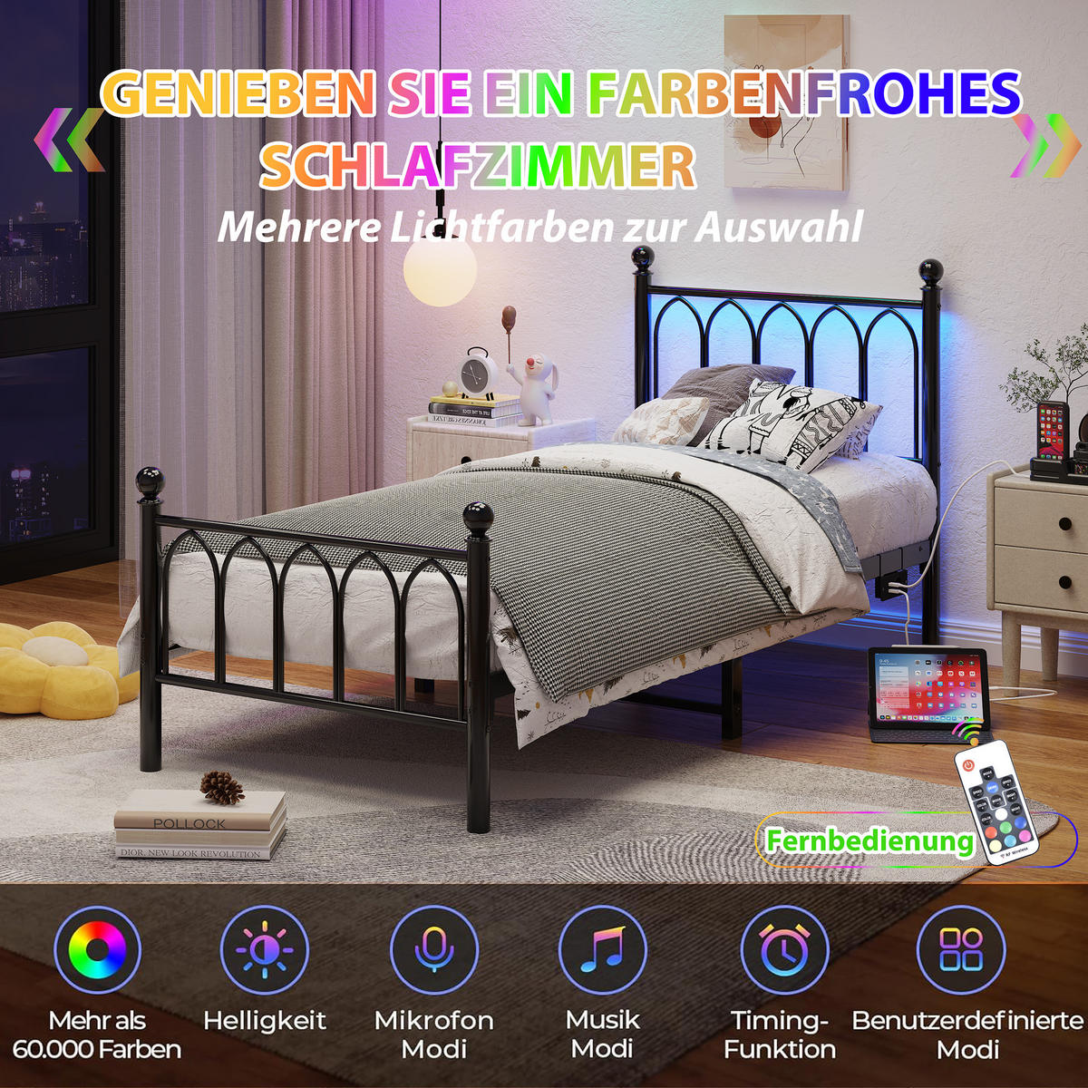 METALLBETT 90x200 cm LED USB Vintage schwarz - Schwarz, Holzwerkstoff (90/200cm) - LEBENLANG