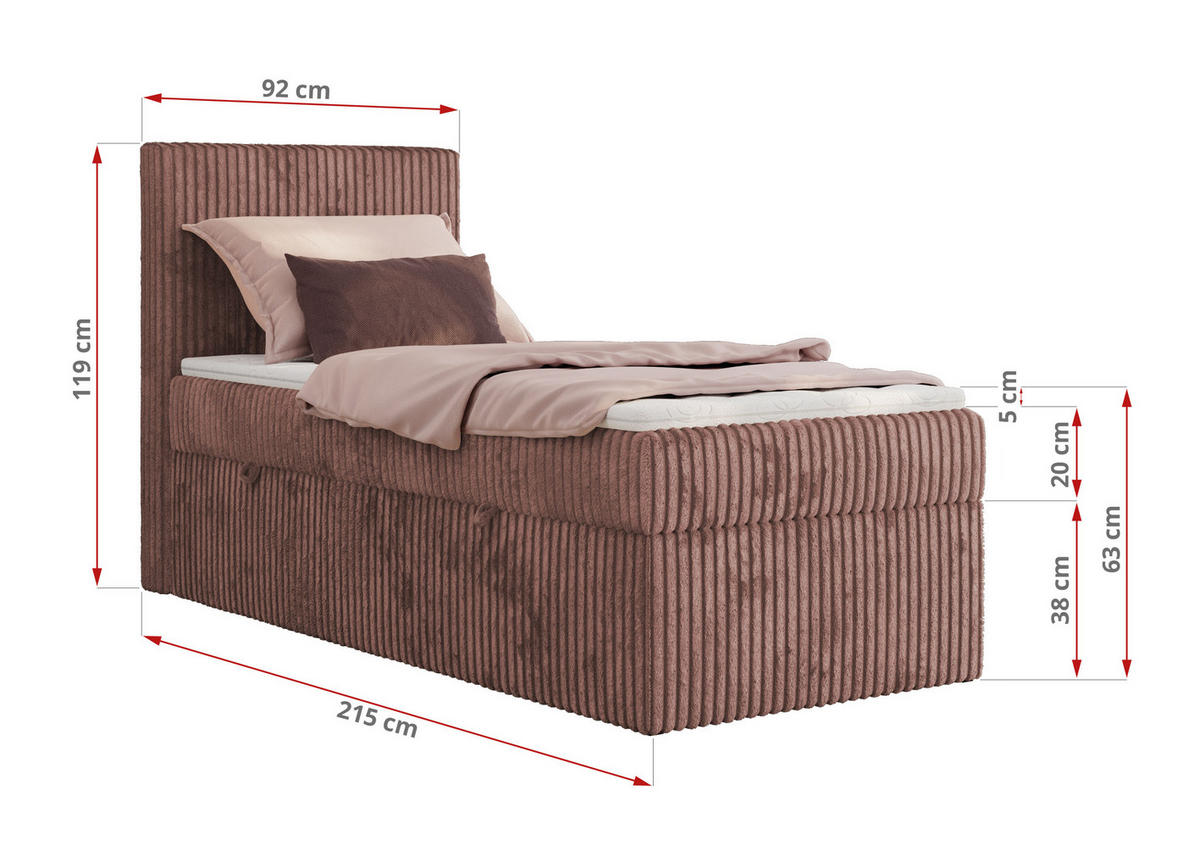 BOXBETT TILIANO 90/200 - Rosa Cord - H3 - Visco Topper - Links - Rosa, Textil (90/200cm) - MKS