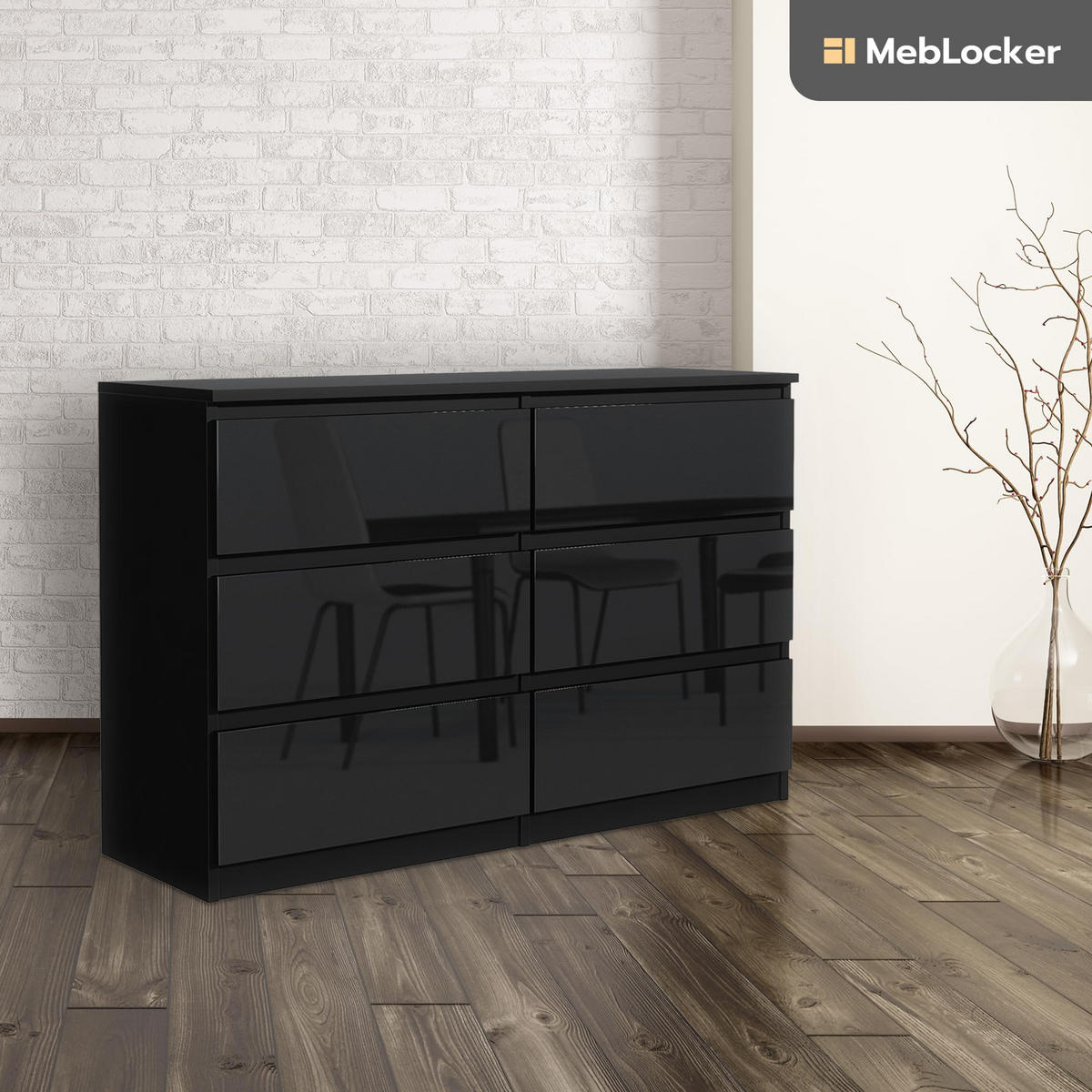 KOMMODE mit 6 Schubladen 120cm Schwarz mit HochglanzFronte - Schwarz Hochglanz, Holzwerkstoff (120/78.5/39cm) - MebLocker