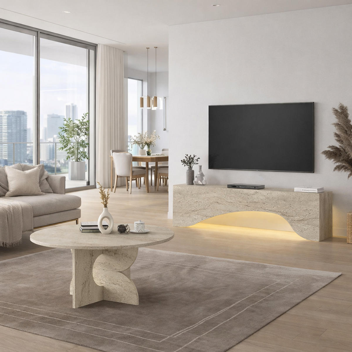 MOEBEL17 Couchtisch Rund Ø 75 cm Travertin Optik Beige – Moderner Wohnzimmertisch Steinoptik – Stabiler Design Sofatisch – Minimalistischer Wohnzimmer - Beige, Holzwerkstoff (75/75/37cm) - moebel17