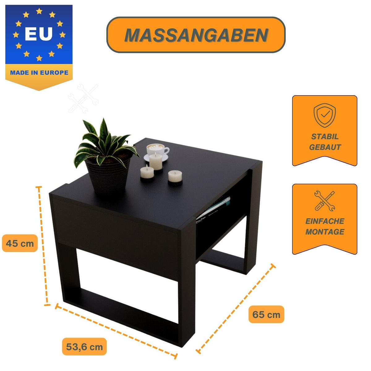 COUCHTISCH Karo65 65/45/53,6 - Schwarz, Holzwerkstoff (53/65/45cm) - RAUMHIRSCH FURNITURE