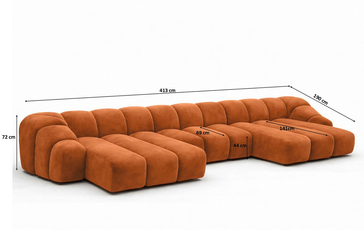 ECKSOFA Modulare U-Form, Veloursstoff Bluvel, Zimtfarbe, CROISSANT U - Orange, Holz (413/72/190cm) - Kaiser Möbel