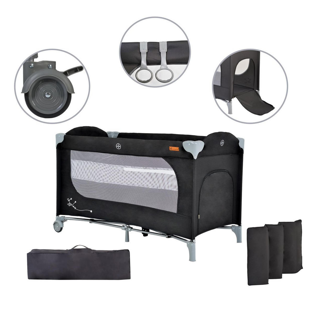 REISEBETT Skyglow 2 Ebenen schwarz Räder Matratze Seiteneingang Tasche Bremsen - Schwarz, Kunststoff (60/120cm) - Cangaroo