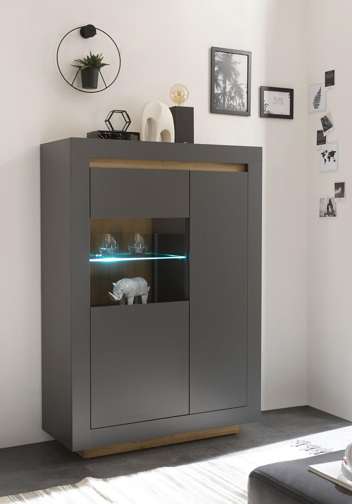 VITRINE anthrazit, Wotan Eiche, Highboard mit 7 Fächern - Eichefarben/Anthrazit, Glas/Holzwerkstoff (96/136/38cm) - Furn.Design