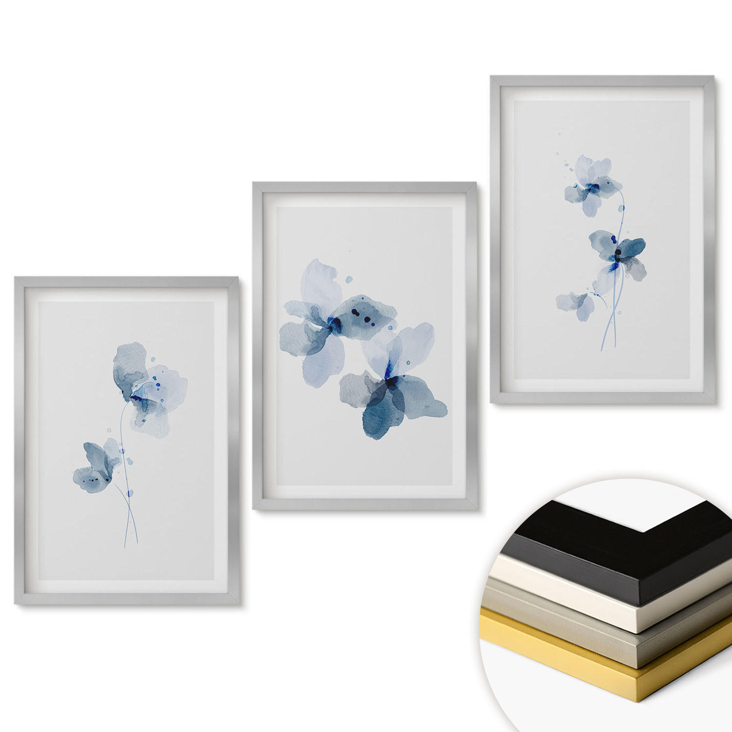 WANDBILDER 3er Set - 40x60 cm Silberner Rahmen - Blaue Blumen - Silberfarben, Kunststoff (40/60cm) - ArtPrintCave