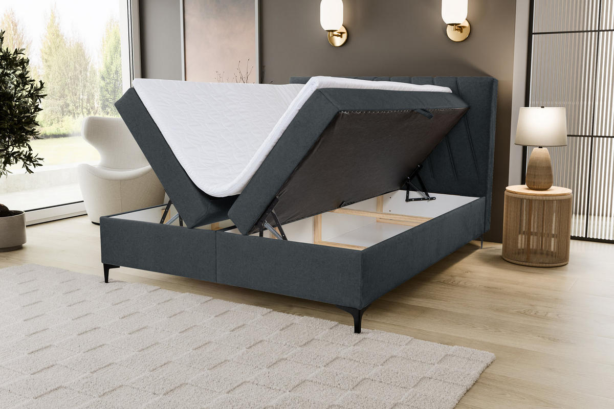 BOXBETT CAPRI mit 2 Bettkästen, Maße: 180x200 cm, Farbe: Dunkelgrau, Velourstoff, mit Bonell-Matratze inkl. Topper - Dunkelgrau, Holz/Kunststoff (180/200cm) - VENASI MÖBEL