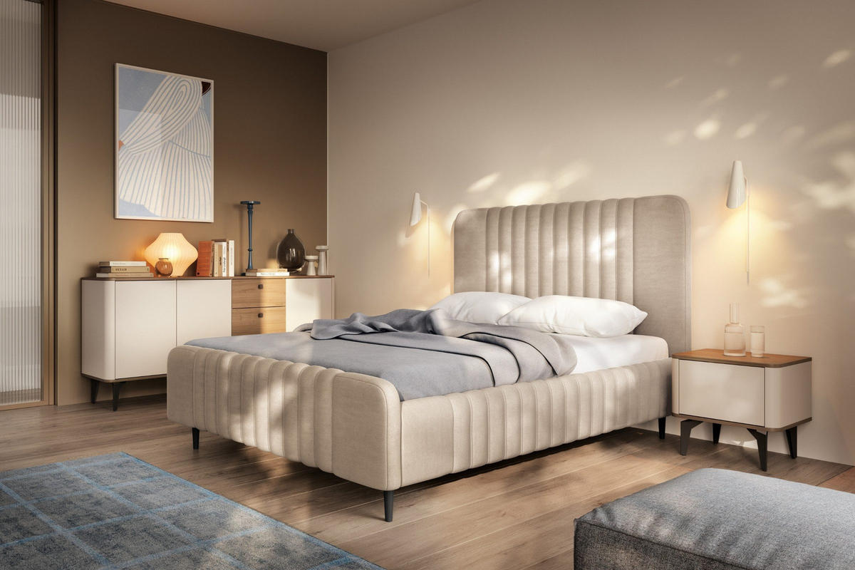 POLSTERBETT AURO 12 120/200 cm in Velours Beige - Beige, Holzwerkstoff (120/200cm) - Deine Möbel 24