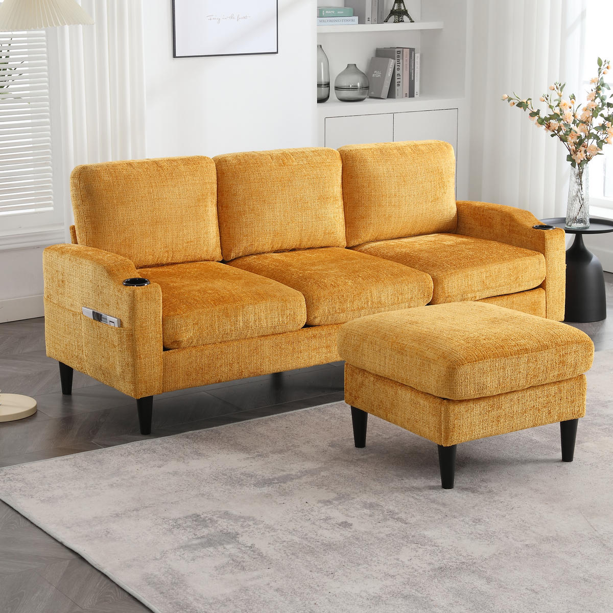 ECKSOFA 163/121/66 cm Gelb mit 1 Aufbewahrungshocker, Aufbewahrungstasche und Getränkehalter - Gelb, Textil (196.5/75cm) - Oxeza