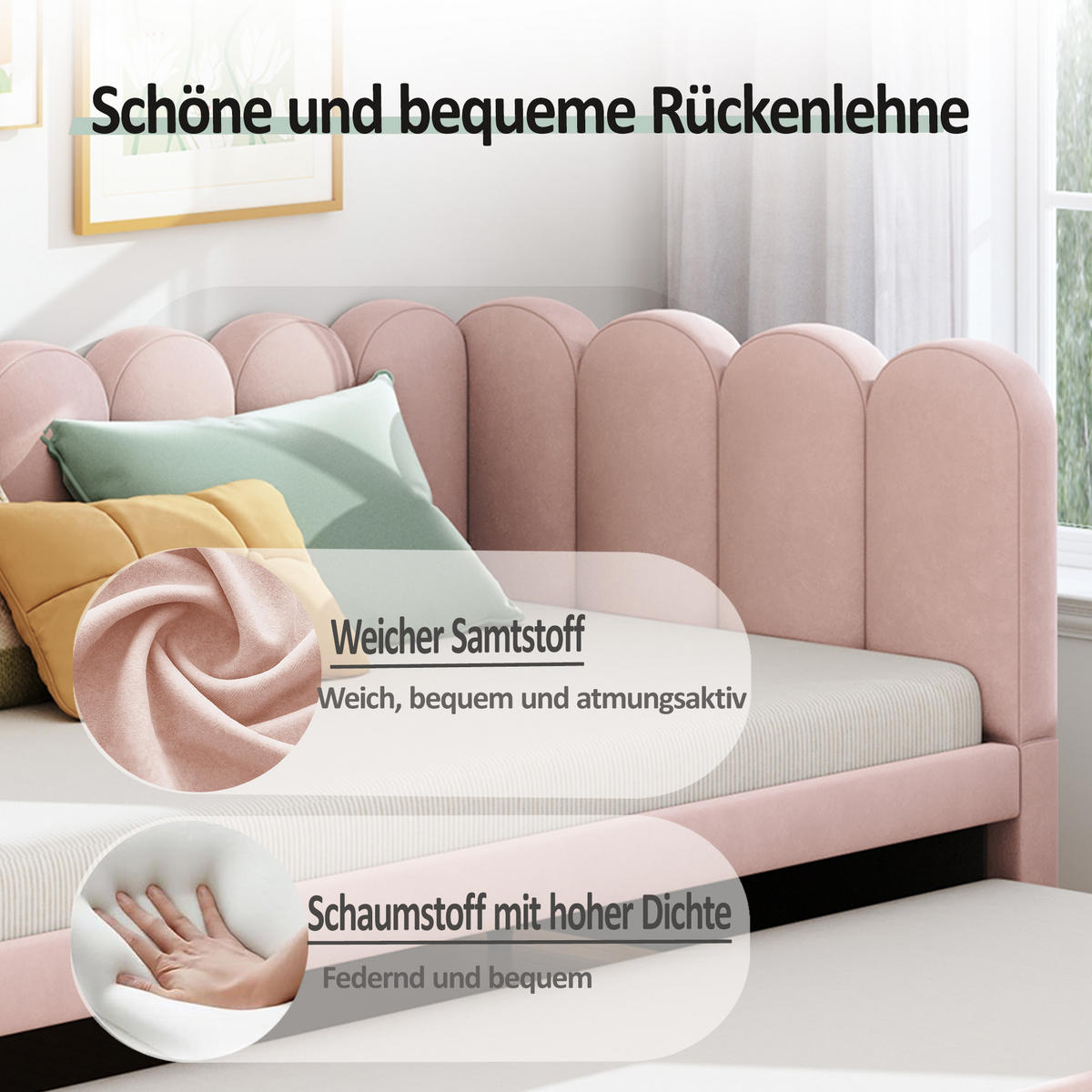 POLSTERBETT LForm 90/180x200 Rosa Samt - Pink, Textil (180/200cm) - FLIEKS