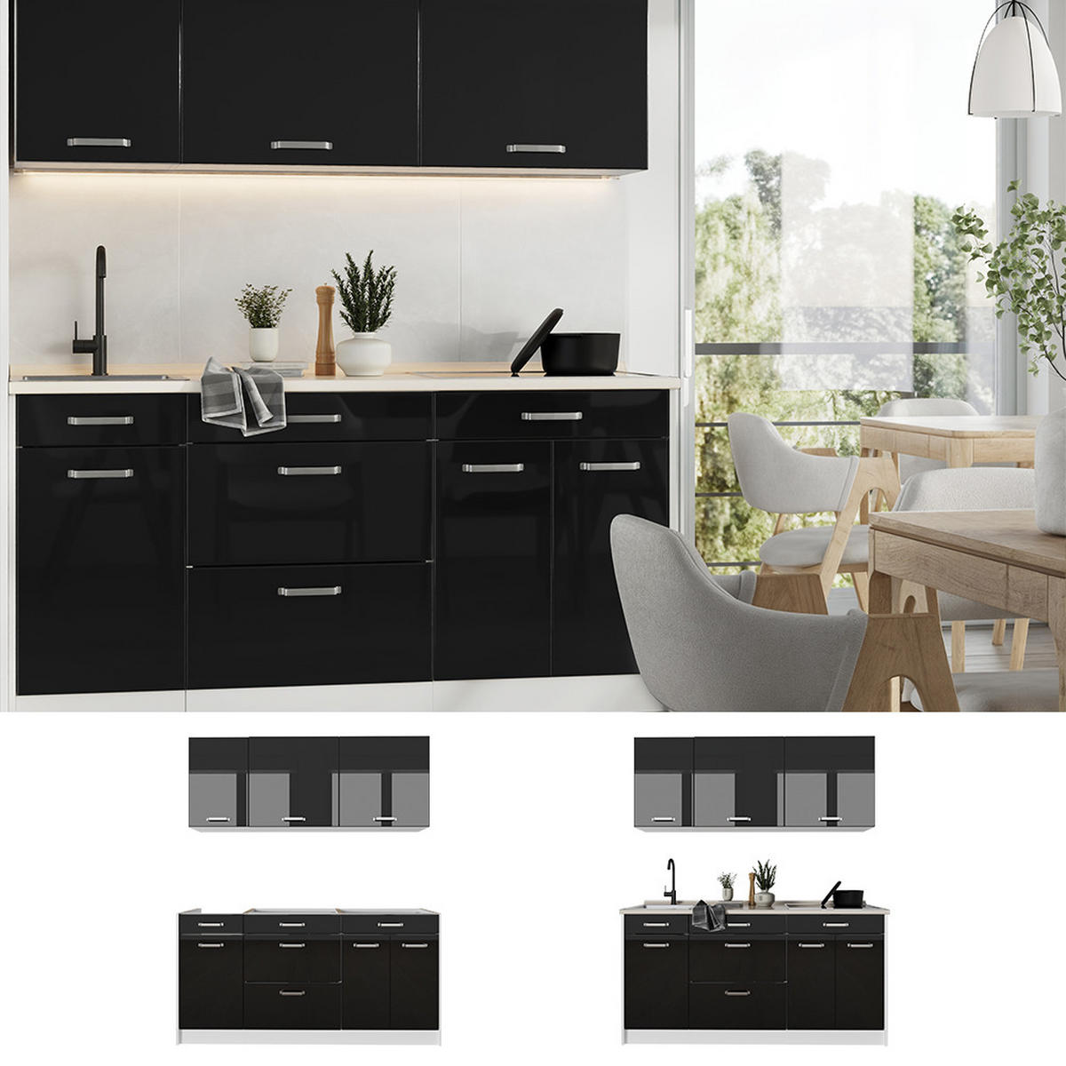 SINGLEKÜCHE R-Line, Schwarz Hochglanz/Weiß, 160 cm Arbeitsplatte Anthrazit - Schwarz Hochglanz/Weiß, Holzwerkstoff (160/81.6/60cm) - Vicco