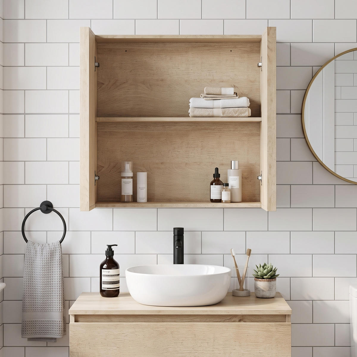 WANDSCHRANK Badezimmer Eichenoptik mit 2 Türen & griffloses Design - Eichefarben, Holzwerkstoff (60/58/21.6cm) - Urban Meuble