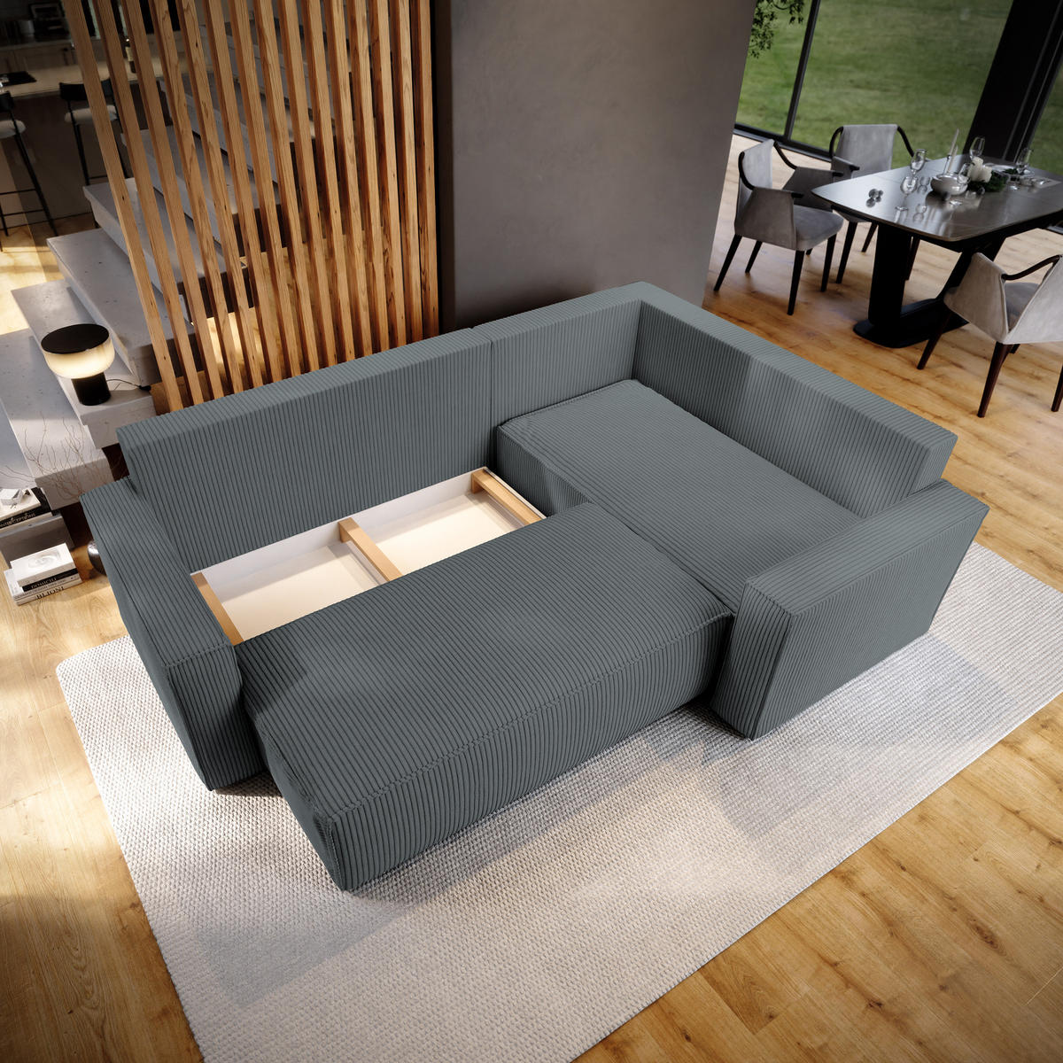 ECKSOFA ESTANO R-S Grau Kordstoff mit Schlaffunktion - Grau, Holz (230/158cm) - MASSENO