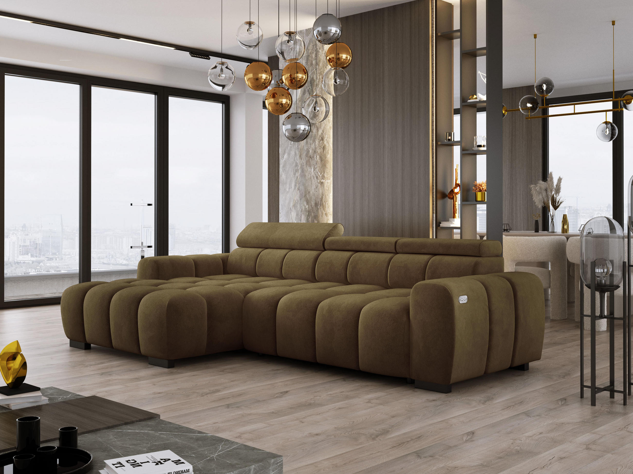 ECKSOFA OMBO 285x168x77/97 cm, Links, Schlaffunktion, elektr. Sitz, Kopfstützen, Buche dunkel, hydrophober SALVADOR-Stoff – Esche - Olivgrün, Holz/Textil (168/285cm) - DomoHome