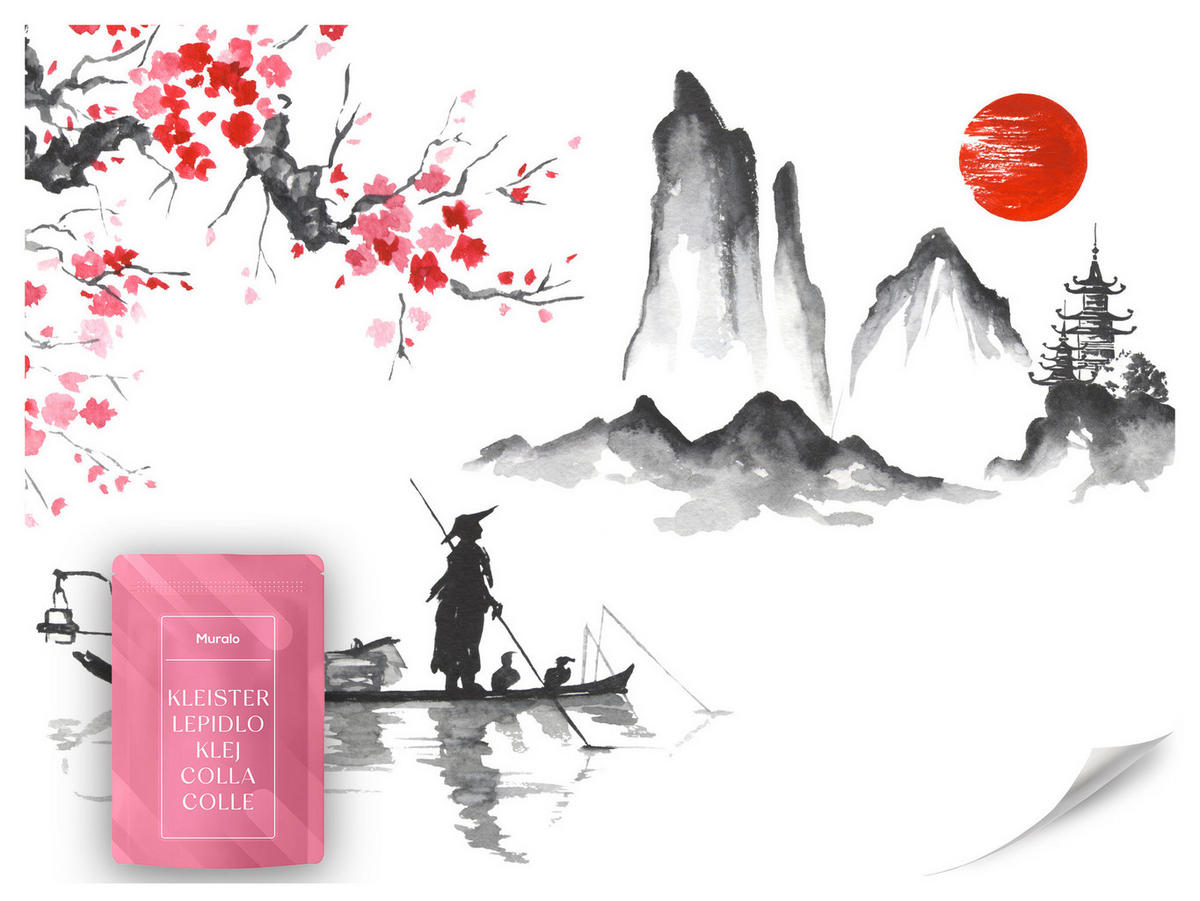 FOTOTAPETE Japanische Landschaft Aquarell 150x105 - Rot/Schwarz, Papier (150/105cm) - Muralo